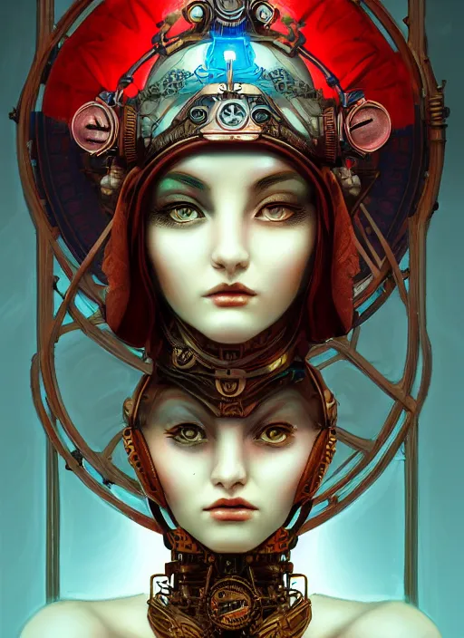 Prompt: the goddess athena smirking, steampunk, glowing eyes, volumetric lights, red and cyan theme, art nouveau botanicals, intricate, highly detailed, digital painting, artstation, concept art, smooth, sharp focus, cinematic, illustration, beautiful face, by shaun tan