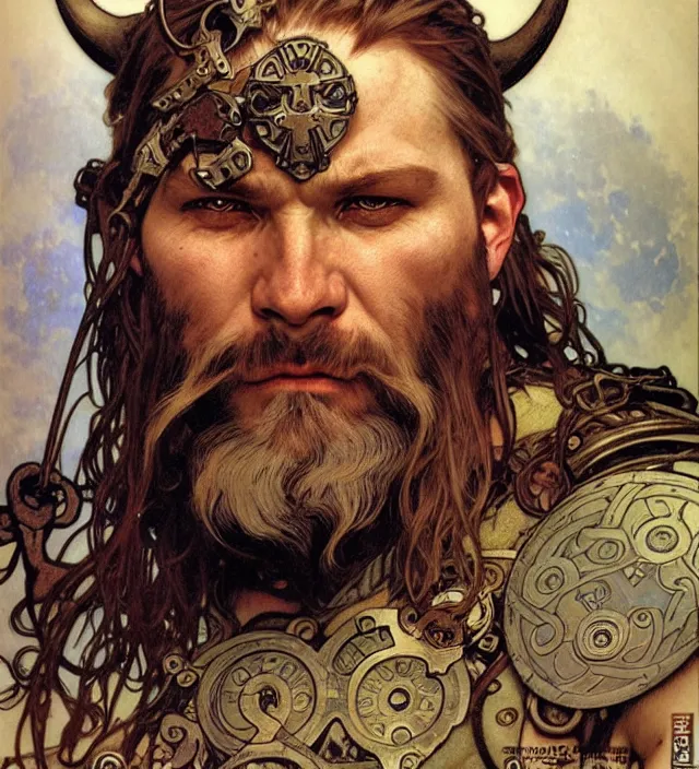 Prompt: realistic detailed face portrait of a grizzled viking warrior in heavy dieselpunk armor by alphonse mucha, ayami kojima, amano, greg hildebrandt, and mark brooks, male, masculine, art nouveau, neo - gothic, gothic, character concept design