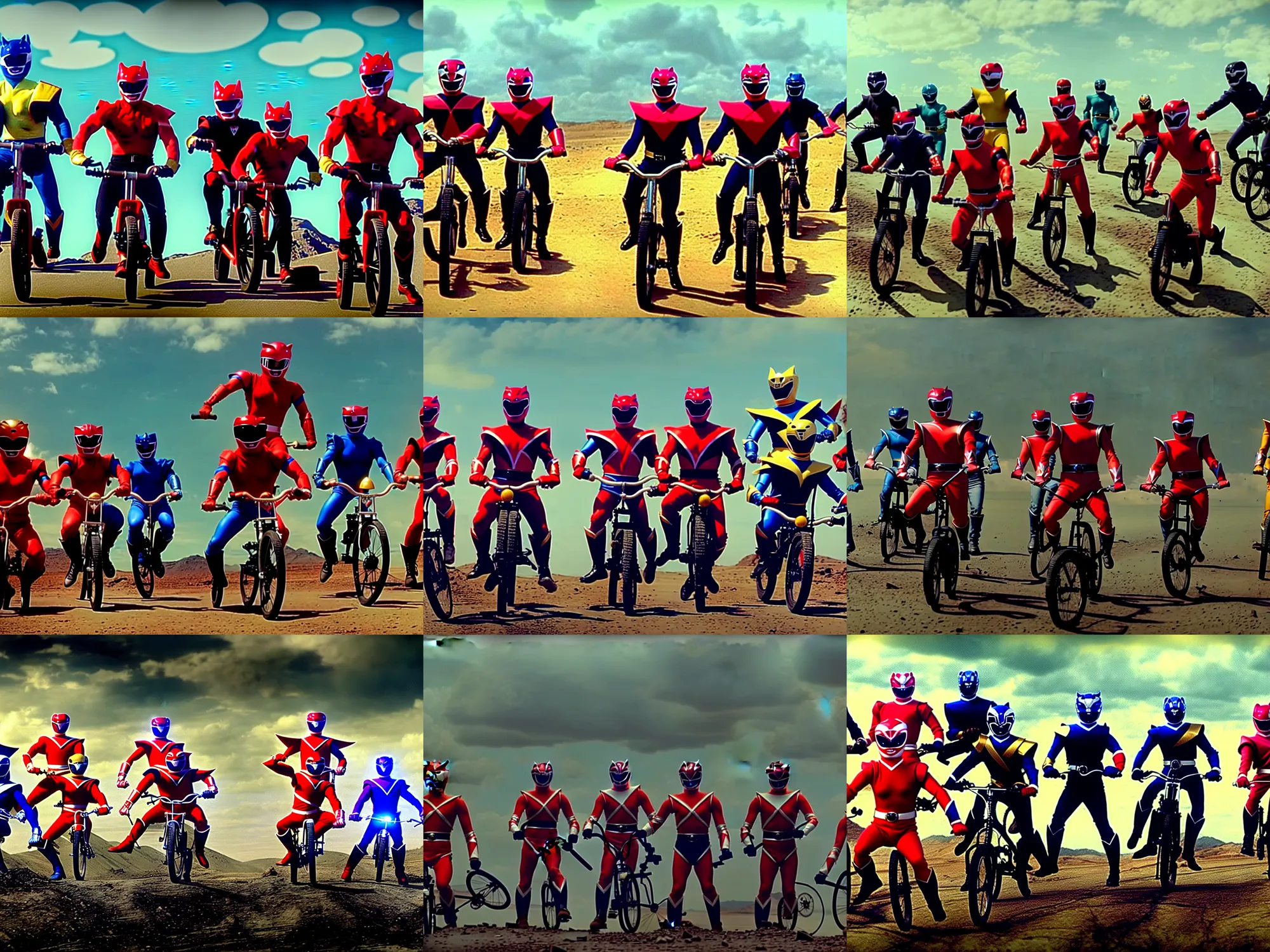 Prompt: action shot of power rangers riding bicycles and wielding long hammers in a desolate landscape, cinematic, filmic, film, atmospheric,