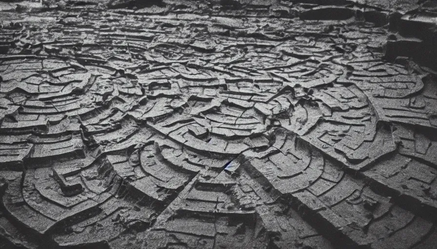 Prompt: a huge neoclassical labyrinth with very high walls flooded with mud, cinestill 8 0 0 t 3 5 mm, heavy grain, high quality, high detailed