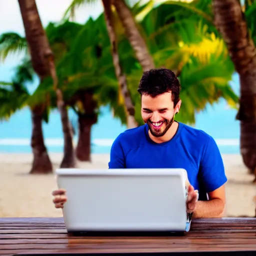 Prompt: stock photo of happy man working on laptop at beach, bokeh