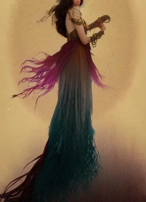 Image similar to ombre velvet gown, crying queen of feathers, portrait, long raven hair, tattered dress, dozens of jeweled necklaces, feral languid woman, by greg rutkowski, anato finnstark, alphonse mucha, global illumination, radiant light