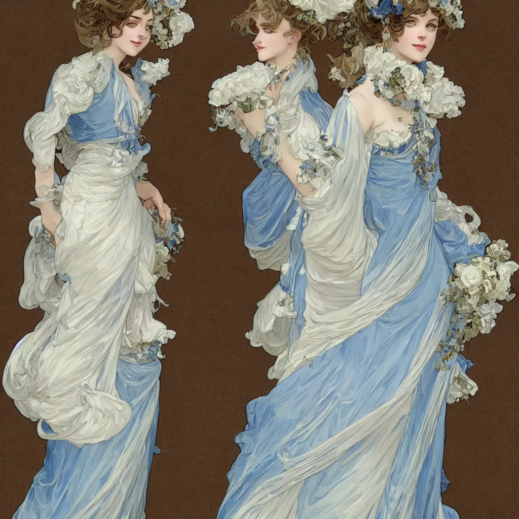 Image similar to lady dressed in a vaporous wrapped large victorian cream roses silk semi-transparent blue and cream dress fashion is running D&D, fantasy, intricate, elegant, highly detailed, digital painting, artstation, concept art, matte, sharp focus, illustration, art by and Alphonse Mucha