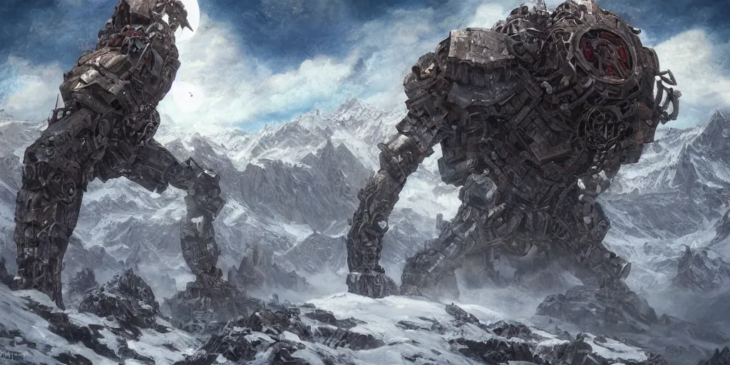 Prompt: steel titan colossus laying on his knees on rift edge, gears scattered on the ground, ice mountains afar, fine art, artstation, matte painting, masterpiece by vasnetsov