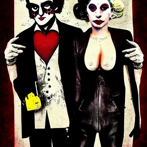 Image similar to mimmo rottela and banksy as joaquin phoenix skinny joker holding hand lady gaga harley queen, photorealistic, intricate details, pop art style, baroque, hyperdetailed, concept art