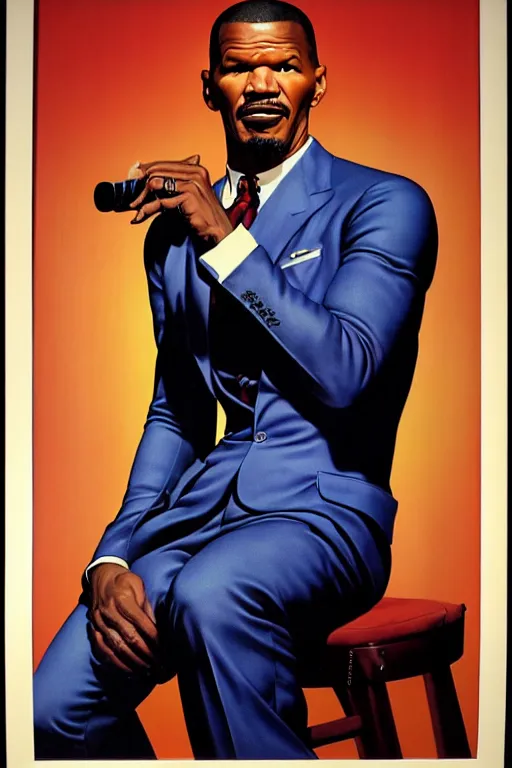 Image similar to jamie foxx by gil elvgren and norman rockwell and rob gonsalves and hajime sorayama, hyperrealistic, high detail, ultra detailed, highly detailed face, ruffled fabric