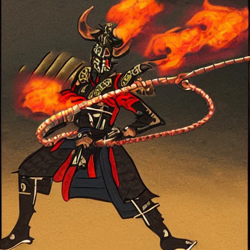 Prompt: a demon samurai wielding a chain whip on fire