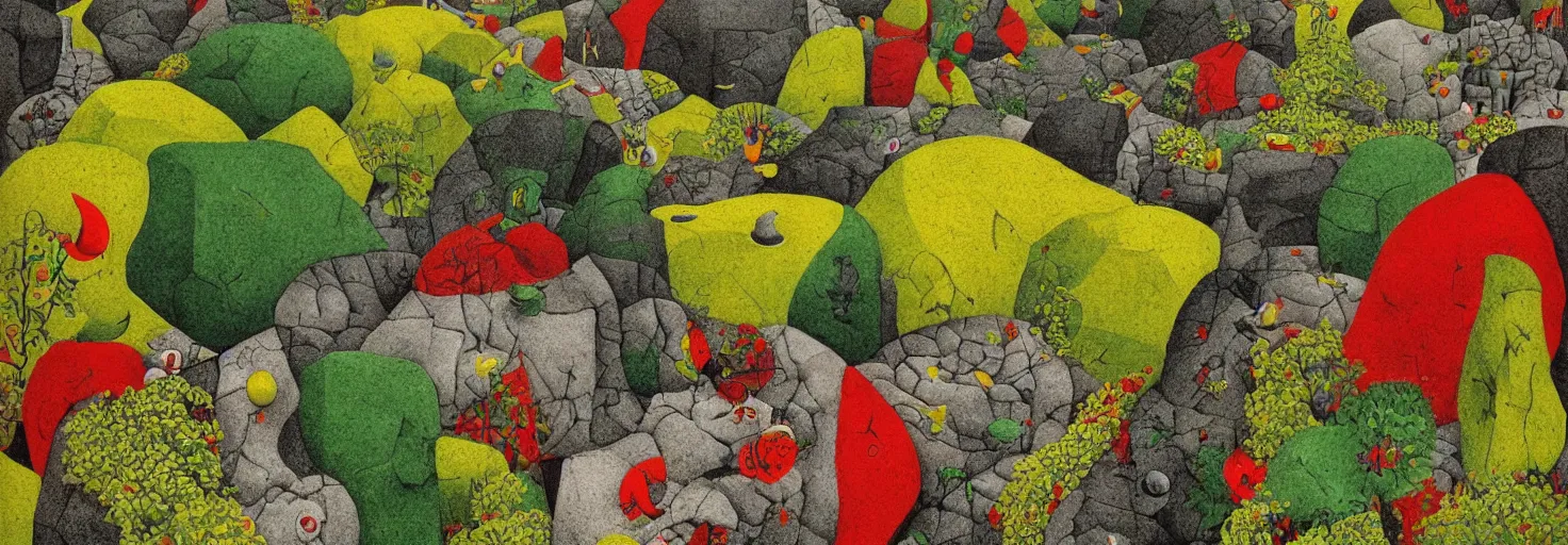 Image similar to a rock garden by m. c. escher, yellow, green, red, snowy, ultra sharp, ultra detailed, cyberpunk, happy, uplifting, colorized by salvador dali