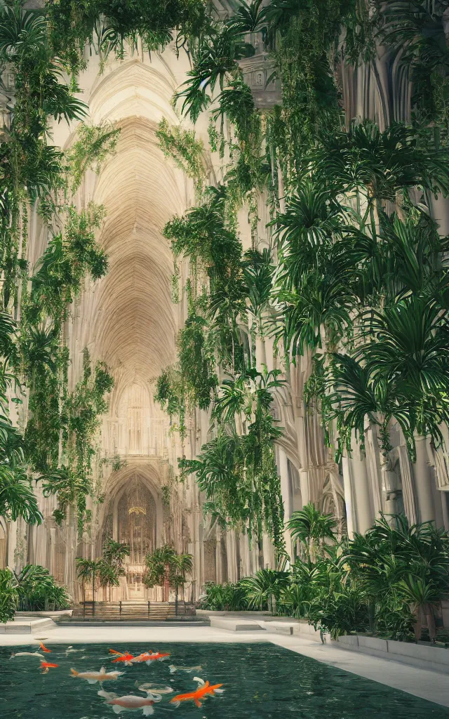 Prompt: grand cathedral interior with! koi pond in the middle! surrounded by palm trees, ivy, flowers, tropical plants, roses, and with archways, rendered in octane render with photorealistic volumetric lighting, cinematic, ultra wide angle, horizontal symmetry