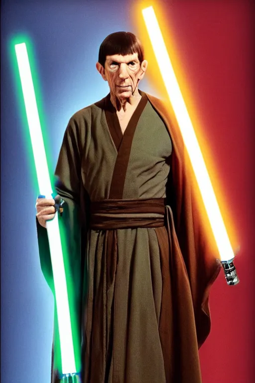 Prompt: photorealistic!! leonard nimoy as a jedi knight, brown jedi robe, holding a green lightsaber, film quality