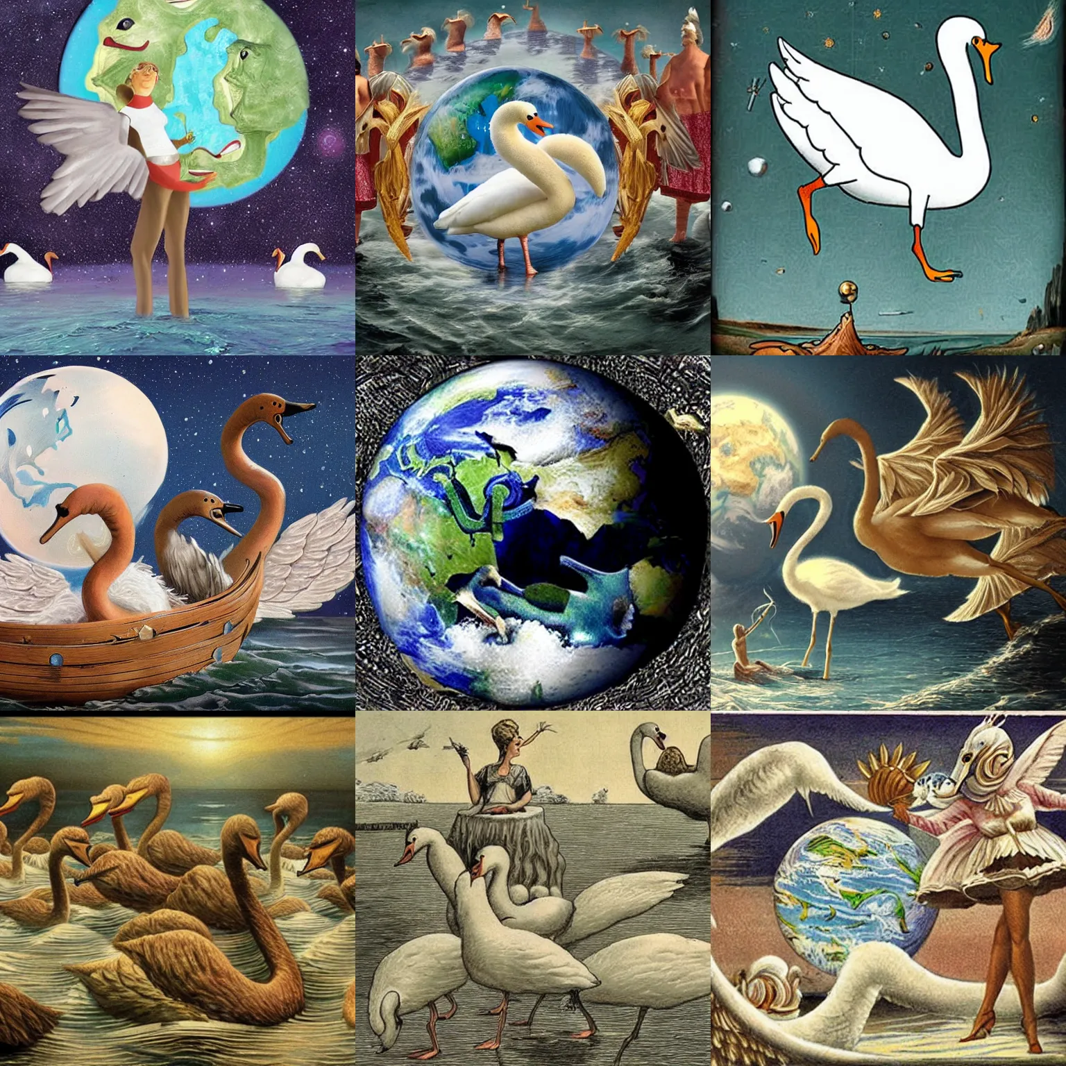 Prompt: nightmarish visions of anthropomorphic swans invading planet earth, biblical, epic, dark, nightmare