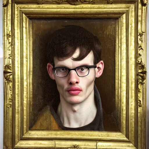 Image similar to A 17th century Baroque Painting of iDubbbz, grainy, realistic, hyperrealistic, very realistic, very very realistic, highly detailed, very detailed, extremely detailed, detailed, digital art, trending on artstation, detailed face, very detailed face, very detailed face, realism, HD Quality, 8k resolution, intricate details, body and head in frame, painting, oil painting, trending on deviantart, Baroque Painting