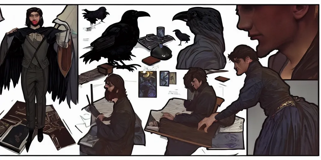 Image similar to a raven scholar writing at his desk. character sheet, character design, contrast, deep focus, turnaround, highly detailed, dramatic lighting, digital painting, artstation, concept art, matte, sharp focus, illustration, elegant, art by artgerm and greg f and alphonse mucha.