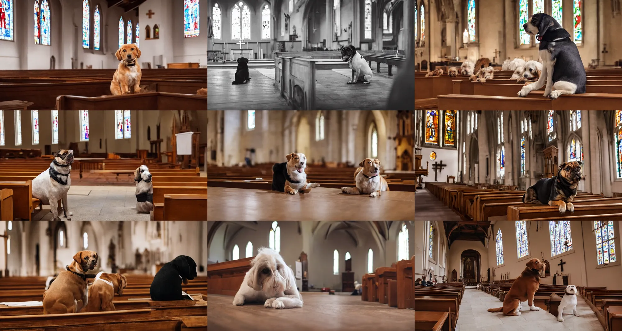 Prompt: A dog in church praying, eyes closed, sitting down, dressed