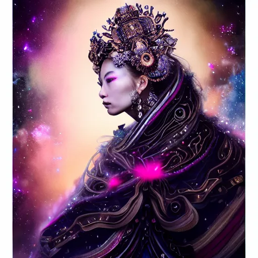 Image similar to a beautiful empress portrait, with a brilliant, impossible striking big cosmic galaxy headpiece, clothes entirely made out of cosmos chaos energy, symmetrical, dramatic studio lighting, rococo, baroque, jewels, asian, hyperrealism, closeup, D&D, fantasy, intricate, elegant, highly detailed, digital painting, artstation, octane render, 8k, concept art, matte, sharp focus, illustration, art by Artgerm and Greg Rutkowski and Alphonse Mucha