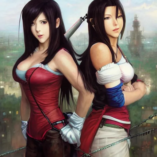 Prompt: a painting of tifa lockhart and aerith gainsborough from final fantasy 7, dressed up as in the final fantasy remake, the midgard steam punk city as backdrop, by greg rutkowski, artgerm, wlop, ruan jia, krenz cushart, alphonse mucha, rain, unreal engine 5