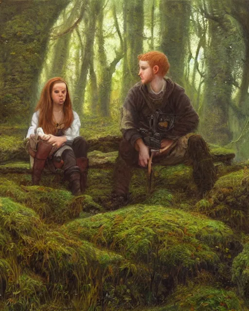 Prompt: a well - lit, realistic portrait oil painting of a thoughtful young, shy, redheaded irish alicia vikander and her boyfriend sitting together in moss - covered ruins, highly detailed, intricate, concept art, artstation, by donato giancola, ron cobb, and artgerm