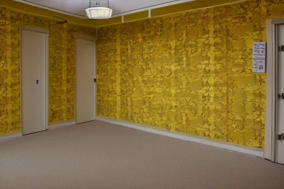 Image similar to an endless space of empty connecting rooms with old yellowed wallpaper from the 1970s and beige carpet lit by fluorescent lights