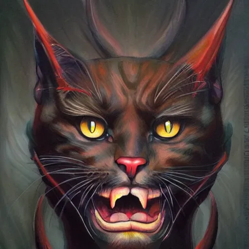 Image similar to portrait of cat demon, coherent! by brom! deep colors, strong lines, high contrast