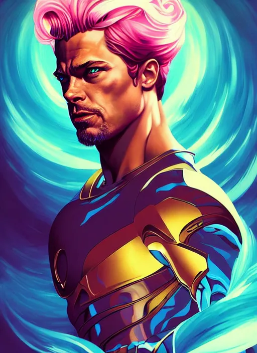 Prompt: style artgerm, joshua middleton, illustration, brad pitt as eldritch knight, strong, muscular, muscles, cyan hair, swirling pink water cosmos, yellow backlight, fantasy, cinematic lighting, collectible card art