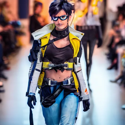 Image similar to tracer from overwatch on catwalk as runway model f/1.4