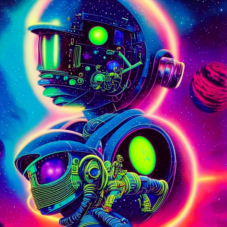 Prompt: cosmic astronaut girl, 2 0 yo, close - up, synthwave, bright neon colors, highly detailed, cinematic, tim white, roger dean, michael whelan, jim burns, bob eggleton, philippe druillet, vladimir kush, kubrick, alfred kelsner, vallejo