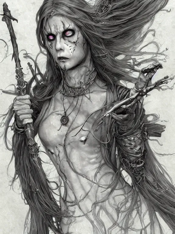 Prompt: female revenant, undead, grey tarnished robes, vengeful, floating, no legs, high fantasy, steampunk, monochromatic, detailed face, highly detailed, smooth, shrap focus, matte digital illustration, by koyorin, donato giancola, pixiv