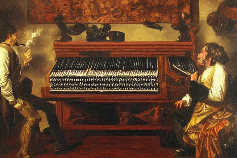 Prompt: smoke pipe organ, high detail baroque oil painting