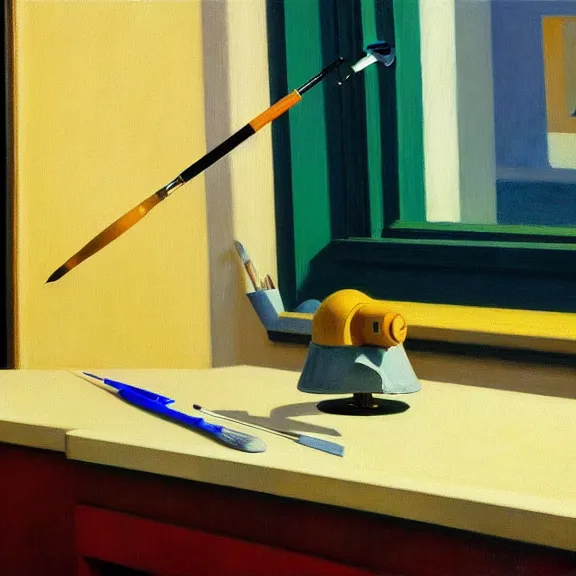 Prompt: beautiful illustration of a robotic arm holding a paintbrush in front of a canvas by Edward Hopper, clean lines, very detailed, colorful octane render