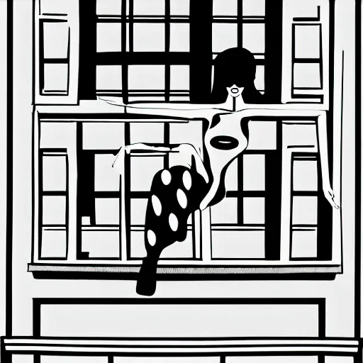 Prompt: Woman floating outside of apartment window, black and white, junji ito style, creepy, horror,