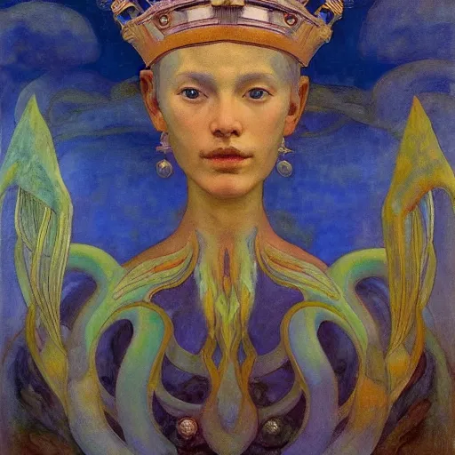 Prompt: the crown of mist and clouds, by Annie Swynnerton and Nicholas Roerich and Diego Rivera, bioluminescent skin, elaborate costume, geometric ornament, symbolist, cool colors, smooth, sharp focus, extremely detailed