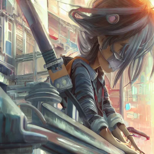 Image similar to dynamic composition, motion, ultra-detailed, incredibly detailed, a lot of details, amazing fine details and brush strokes, colorful and grayish palette, smooth, HD semirealistic anime CG concept art digital painting, watercolor oil painting of Clean and detailed post-cyberpunk sci-fi close-up schoolgirl in asian city in style of cytus and deemo, blue flame, relaxing, calm and mysterious vibes,, by a Chinese artist at ArtStation, by Huang Guangjian, Fenghua Zhong, Ruan Jia, Xin Jin and Wei Chang. Realistic artwork of a Chinese videogame, gradients, gentle an harmonic grayish colors. set in half-life 2, Matrix, GITS, Blade Runner, Neotokyo Source, Syndicate(2012), dynamic composition, beautiful with eerie vibes, very inspirational, very stylish, with gradients, surrealistic, dystopia, postapocalyptic vibes, depth of field, mist, rich cinematic atmosphere, perfect digital art, mystical journey in strange world