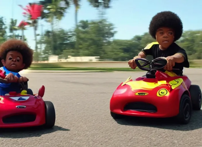 Image similar to peter dinklage racing emmanuel lewis driving a little tikes cars, movie still, from the new fast and furious movie, 8 k, realistic