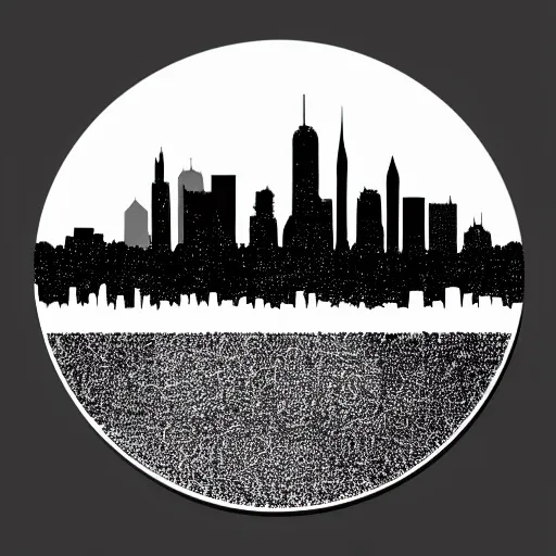 Image similar to a perfect circle, the outer edge of the circle is the silhouette of a city skyline, black and white, minimalist, in the style of a line drawing