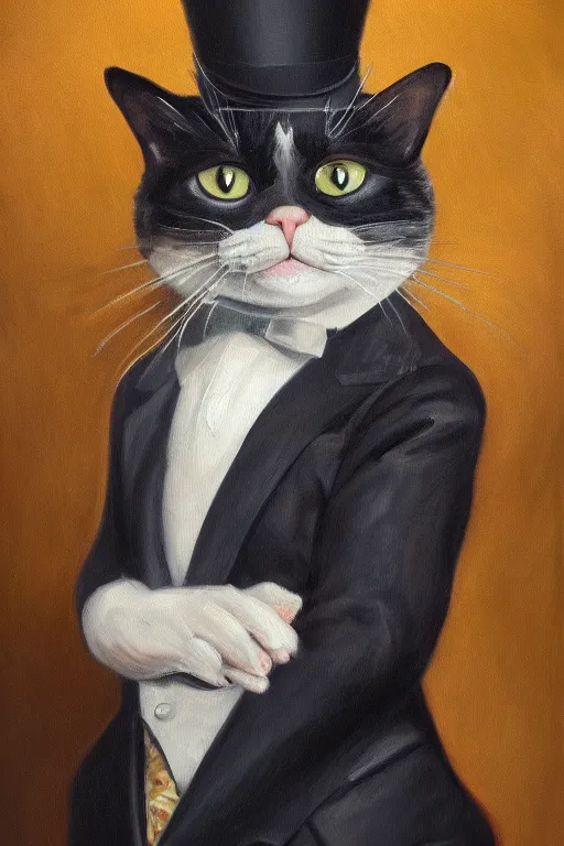 Prompt: An highly detailed oil painting of a cat with a president suit, 4k resolution