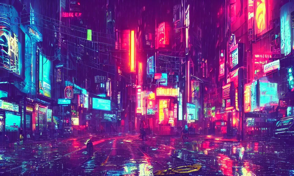 Prompt: a cyberpunk street scene with neon lights, raining, 4k uhd wallpaper, digital art trending on artstation