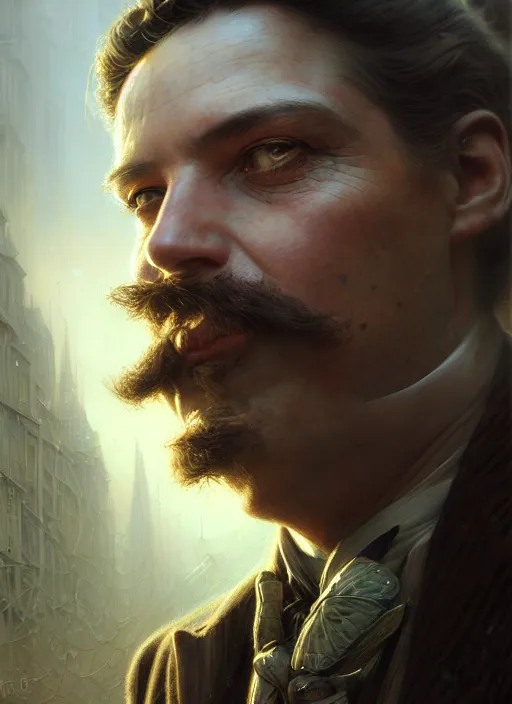 Image similar to closeup portrait shot of a victorian detective in a scenic dystopian environment, intricate, elegant, highly detailed, centered, digital painting, artstation, concept art, smooth, sharp focus, illustration, artgerm, tomasz alen kopera, peter mohrbacher, donato giancola, joseph christian leyendecker, wlop, boris vallejo