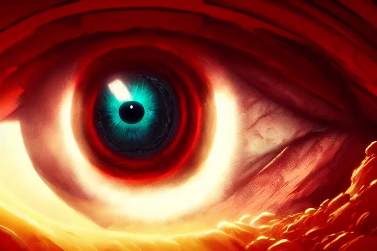 Image similar to portrait of a mystical giant eye, red pupils, intricate, ( ( abstract ) ), cinematic, octane render, wlop, greg rutkowski, dan mumford, artgerm