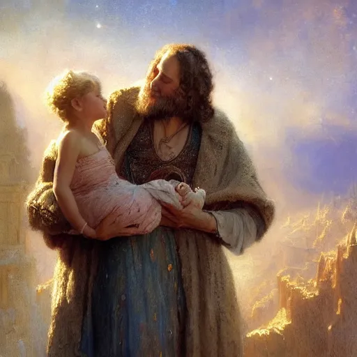 Image similar to the great father of the family, he is high up in his starry cloak, hugging his beautiful frail wife, with a little glowing baby in her arms. highly detailed painting by gaston bussiere, craig mullins, j. c. leyendecker 8 k