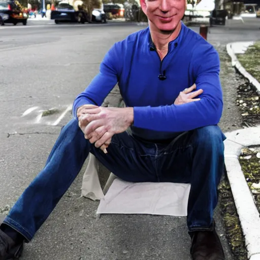 Image similar to jeff bezos as a homeless person, living in the streets