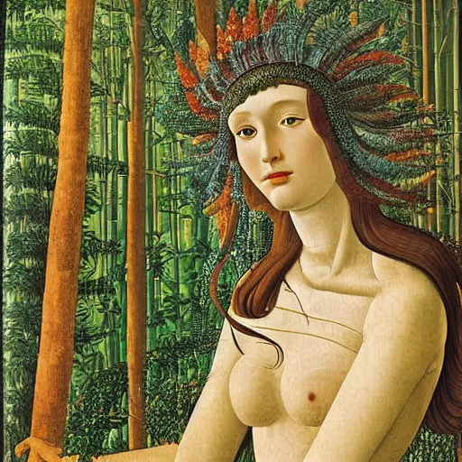 Prompt: woman in a headdress made of wire and scales stands in a magical forest, by Sandro Botticelli