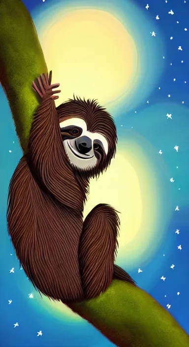 Image similar to a cute sloth hanging on a tree on a beautiful night with stars, made of beautiful colored thick flowing dramatic brush strokes, matte colors, trending on artstation