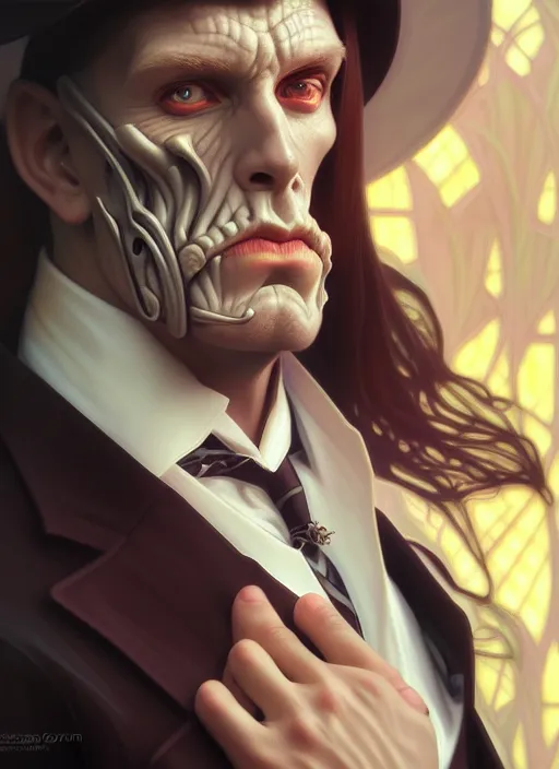 Prompt: overlord, wearing a suit, portrait, highly detailed, deep focus, elegant, digital painting, smooth, sharp focus, illustration, ultra realistic, 8 k, art by artgerm and alphonse mucha