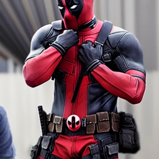 Image similar to deadpool eating a subway sandwhich photorealistic