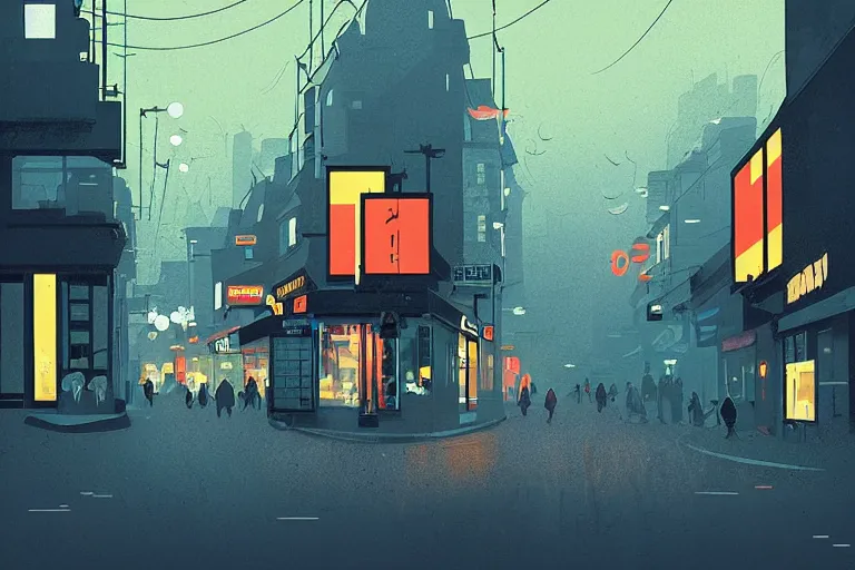 Image similar to busy small town street, lush, many people, modern art deco, colorful, mads berg, christopher balaskas, victo ngai fine texture, detailed, muted colors, dynamic composition, matte print, wide angle, moody, stippled light, very grainy texture, stippled shadows