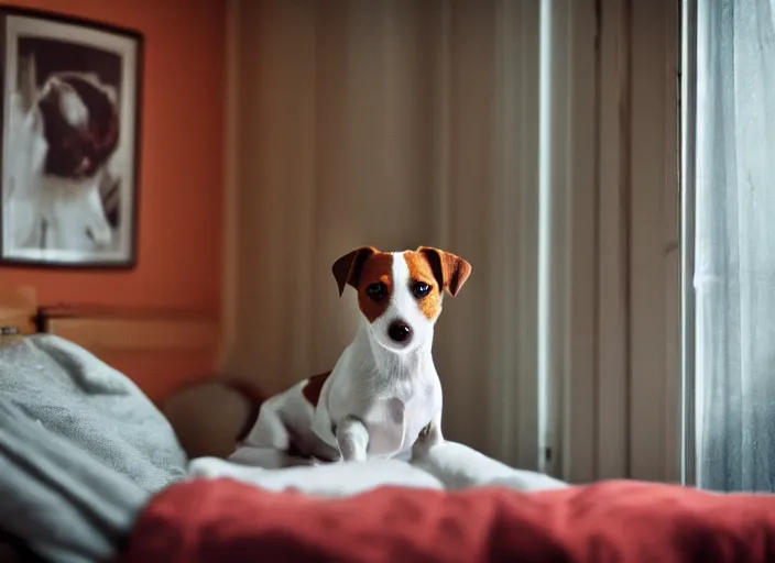 Image similar to photography of a Jack Russel . watching outside the window. on a bed. in a vintage room full of vinyls and posters.,volumetric light, photorealistic,, award winning photo, 100mm, sharp, high res