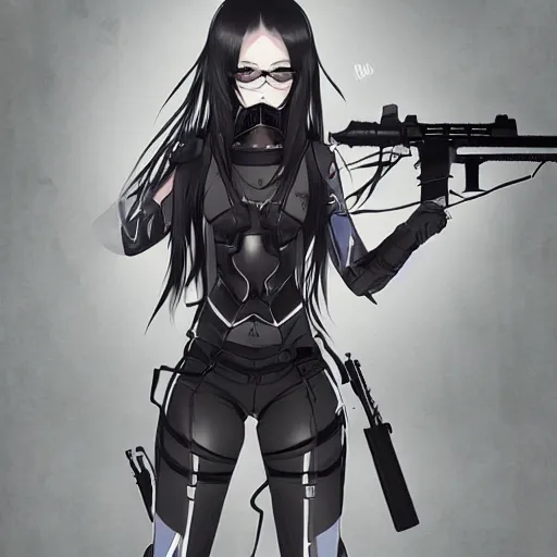 Image similar to upper body portrait of a beautiful girl with long black hair, wearing black riot gear, holding AR-15, drawn by WLOP, by Avetetsuya Studios, attractive character, colored sketch anime manga panel, trending on Artstation