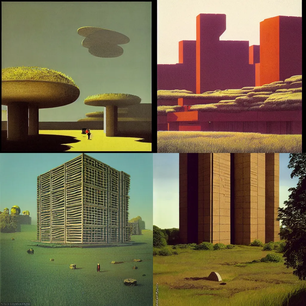 Prompt: countryside, summer day, brutalism building, by moebius, by dan mcpharlin,