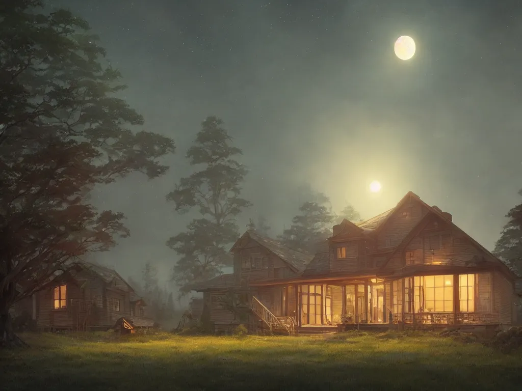 Prompt: A highly detailed matte painting of single house at night, moon, forest, by Studio Ghibli, Makoto Shinkai, by Artgerm, by WLOP, by Greg Rutkowski, volumetric lighting, octane render, 4K resolution, trending on artstation, masterpiece