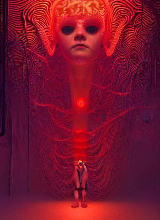 Prompt: wall, made out of eyes, flat, neon, RGB, glowing wires everywhere, pristine, by Edgar Maxence and Ross Tran, Zdzisław Beksiński, and Michael Whelan, gustav dore, H.R. Giger, 8k, octane render